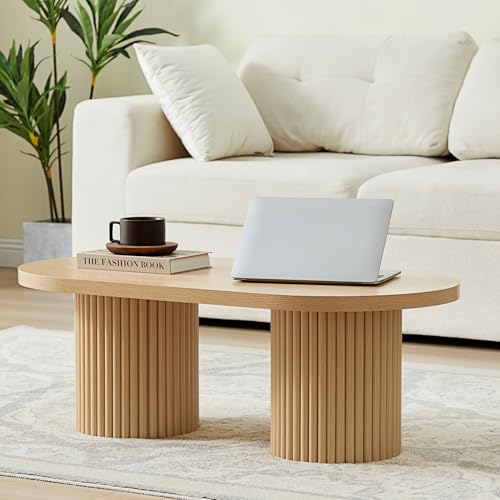Fluted Oval Coffee Table for Living Room, Boho Modern Coffee Table,Natural | Mid Century Modern Coffee Table with Fluted Legs, Wooden Center Table for Home Office Cafe, Vintage, 39.38" x 19.69" x 13.78" - color: Natural, size: 19.69"D x 39.38"W x 13.78"H