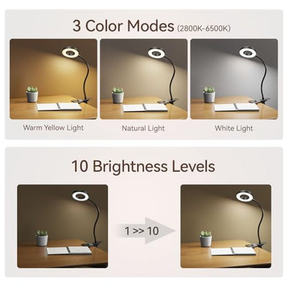 LED Desk Lamp Clip on Light with 3 Color Modes 10 Brightness Ring/Clamp Light 360° Adjustable Neck Dimmable Eye Protection Desk Lamps for Home Office - style: Ring Clip-on Desk Lamp