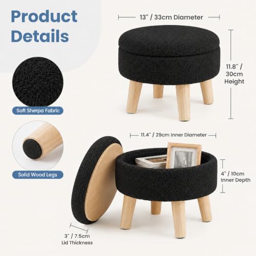 Simple Deluxe 13" Round Storage Ottoman with Wooden Legs & Dual-Use Tray Lid, Fluffy Teddy Boucle Ottoman Footstool for Bedroom, Living Room & Vanity, Black - color: Black
