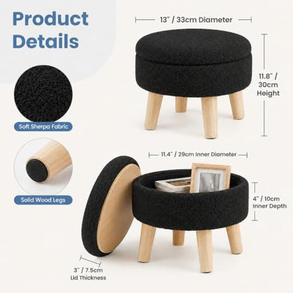 Simple Deluxe 13" Round Storage Ottoman with Wooden Legs & Dual-Use Tray Lid, Fluffy Teddy Boucle Ottoman Footstool for Bedroom, Living Room & Vanity, Black - color: Black