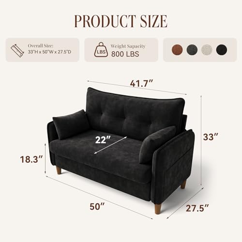 50" Mini Loveseat Couch for Small Space | Tufted Love Seat Couches for Bedroom and Apartment | Small Sofa Black - color: Black