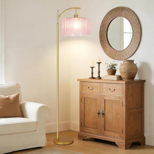 ILLMTW Pink Floor Lamp for Living Room,Bedroom,Gold Dimmable Standing Lamp with Remote,Mid Century Modern Brass Tall Lamp Boho Floor Lamps Arc Stained Glass Flower Floor Light Lamp Girls kids Bohemian - size: Floor Lamp-32