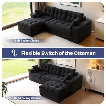 MAXYOYO Boneless Couch, 96-Inch L-Shaped Cloud Couch with Ottoman | Black Layered Cushioning and Flexible Modules Create an Upholstered Sofa in a Box with No Assembly for Spacious Living Rooms. - color: Black, size: 96" L Shape
