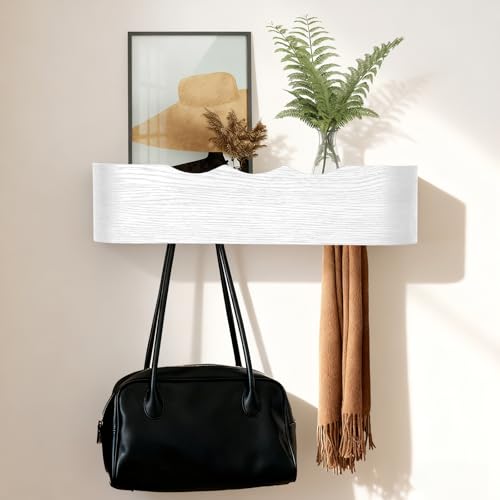 Coat Rack Wall Mount with Shelf Entryway Shelf Modern Key Holder Hanger Wall Shelves with Hidden Hooks for Hanging Towels Coats Hats Bags for Hallway Bathroom Bedroom (Wavy White, 4 Hooks) - color: Wavy White, size: 4 hooks