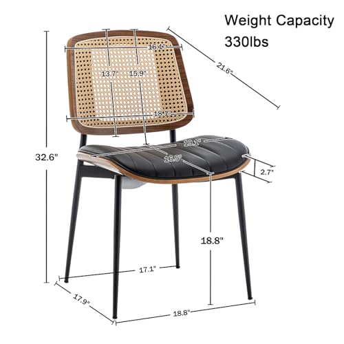 LUNLING Dining Chairs Set of 2 Mid Century Modern Retro Faux Leather Kitchen Chairs with Walnut Bentwood Upholstered Seat Metal Legs Adjustable Foot for Kitchen Dining Room Chairs(Black-Rattan Back) - color: Black2, size: Set of 2