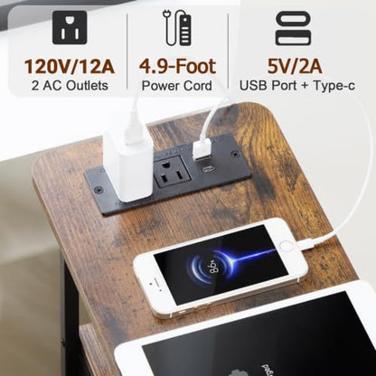 Narrow End Table with Charging Station, Small Nightstand | Skinny Side Tables Living Room with 2 Fabric Drawers, Bedside Table with LED Lights for Bedroom, Small Spaces, Rustic Brown - color: Rustic Brown + Black, size: 23.22''H (2 Drawers), style: Power