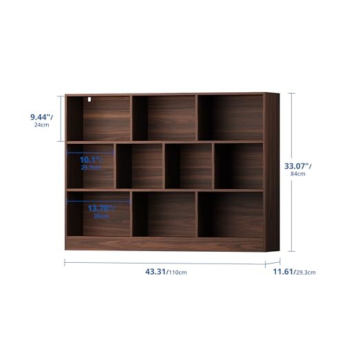 Brown Bookshelf, 3-Tier Open Shelf Bookcase, 10 Cube Storage Organizer with Anti-Tilt Device, Freestanding Book Storage Shelves for Bedroom, Living Room - color: Brown, size: 43.31"W x 33.07"H