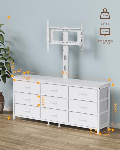 TV Stand with Mount for 32/55/65/75/85 inch TVs, Entertainment Center with 9 Fabric Drawers Dresser Storage, Height Adjustable Media Console - color: White