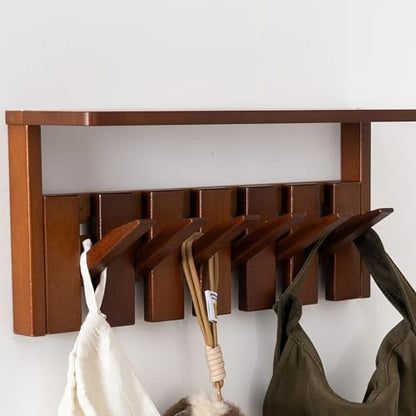 Wooden Coat Rack Wall Mount with Shelf, Heavy Duty Entryway Organizer with 6 Hooks,Coat Hooks Hanger for Coats, Hats, Bags & Towels, Walnut Wall Hanger for Hallway, Bedroom, Kitchen (6 Hooks) - size: 6 Hooks
