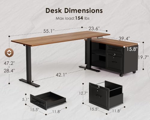 55" L Shaped Electric Standing Desk with Cabinet Sets, Walnut/Black (Pack of 2) - color: Walnut+black, size: 55 Inch (Pack of 2)