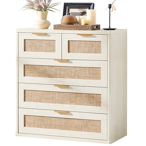 LEYAOYAO Rattan Dresser for Bedroom, 33.5" Small Chest of Drawers | Gold Metal Handle, Modern 5 Drawers Boho Dressers with Storage for Living Room, Hallway - color: Grey White, size: 15.5"D x 31.5"W x 33.5"H (5 Drawers)