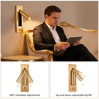 LED Wall Mounted Bedside Light, Adjustable Recessed Headboard Light with Switch, Wall Sconce for Reading, Hardwired Spotlight for Bedroom (Gold) - color: Wall light-Gold