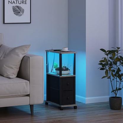 TUTOTAK Small Narrow End Tables, LED Side Tables with 2 Fabric Drawers, Set of 2, Bedside Tables with Charging Station for Small Spaces, Slim Nightstands with USB Ports and Wheels, TB01BG053L - color: Greige, style: with LED Light & Outlets