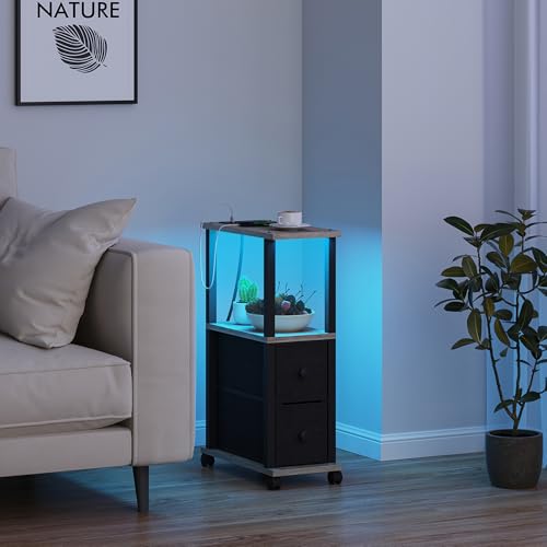 TUTOTAK Small Narrow End Tables, LED Side Tables with 2 Fabric Drawers, Set of 2, Bedside Tables with Charging Station for Small Spaces, Slim Nightstands with USB Ports and Wheels, TB01BG053L - color: Greige, style: with LED Light & Outlets