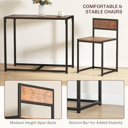 HOMCOM Small Dining Table Set for 2 Compact for Small Spaces, Rustic Brown | Kitchen Table and Chairs Set, Compact Dining Sets, Breakfast Nook - color: Rustic Brown