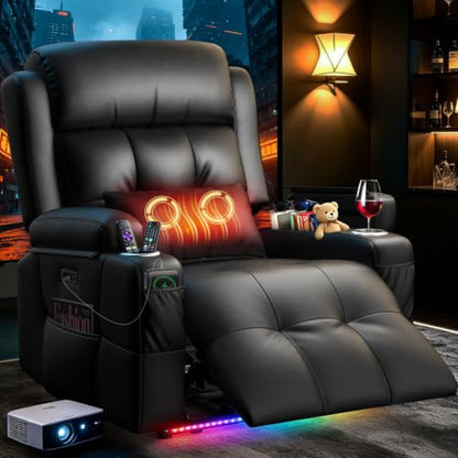 Home Theater Seating, Power Recliner Sofa Single Chair with Massage & Heat | Wall Hugger Reclining Single Chairs with USB, RV Furniture with LED Lights, Cup Holders for Movie Theater, Gaming Room - color: Black, size: 34" - 1 Seat