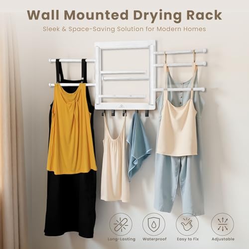 Bamboo Wall Mount Drying Rack for Laundry White | Wall-mount bamboo rack with 8 swivel arms holds 80 lb; folds to 1.7 in deep. Ships assembled with 5 steel hooks.