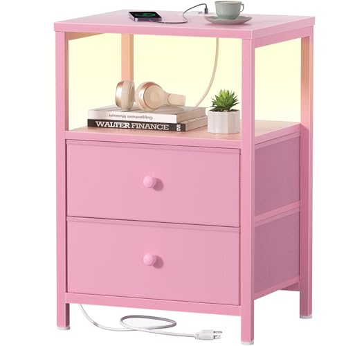 BOLUO Pink Nightstand with Charging Station, LED Night Stand with 2 Fabric Drawers, Bedside Table with USB Ports and Outlets, Nightstand for Bedroom Modern - color: E. Pink, size: 11.8"D x 15.7"W x 23.6"H(2 drawers)