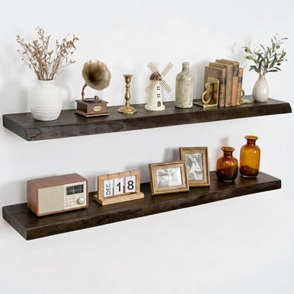 Dreamland 40 Inch Long Floating Shelves Set of 2, Rustic Solid Elm Wood Live Edge Floating Shelf Wall Mounted, 8 Inch Deep Wooden Wall Shelves for Living Room, Bedroom, Bathroom, Kitchen, Walnut - color: Walnut, size: Live Edge - 40"L