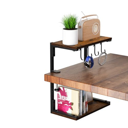 Clamp-On Desk Organizer Shelf, 13 inch Adjustable Height and Versatile Hook, Above or Below Desk 2-Tier Shelving, Shelving for Table Accessories, Gaming Devices, and More