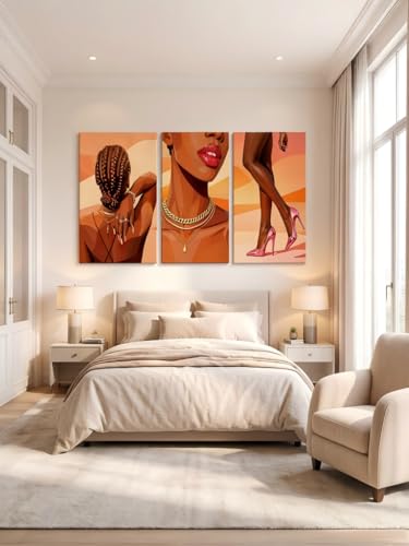 RYZopmuy Black Girl Wall Art Set of 3 Modern Black Female Painting Pictures | African American Black Women Canvas Posters Black Female Painting Pictures for Bedroom Living Room Bathroom 12x16in - color: African American women, size: 16L"x12W"