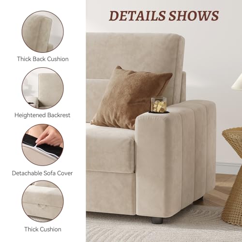 COPIAE Loveseat Sofa, Larger Couch Velvet Fabric with Storage, Charging Ports, Heightened Backrests, Removable Cover Modern Comfy Couches Easy Assembly for Living Room, 88 Inch Beige - color: Beige