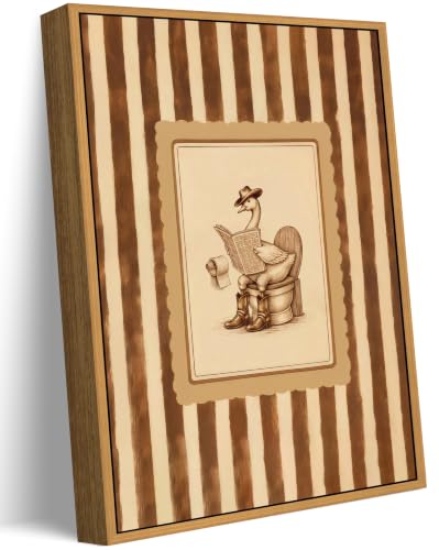 Floating Framed Funny Western Bathroom Canvas Wall Art, Cowboy Goose Reading on Toilet Painting Picture Wall Decor, Vintage Striped Animal Poster Print Artwork for Farmhouse, Home Decoration 12x16in - color: vintage goose, size: 16"L x 12"W