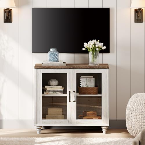 WAMPAT Farmhouse TV Stand for 43 inch TV with 4 Glass Doors, Rustic White | Wood Universal TV Stand Cabinets with Adjustable shelves, Entertainment Center TV Console Table for Living Room, Bedroom - color: Rustic White-a, size: 1