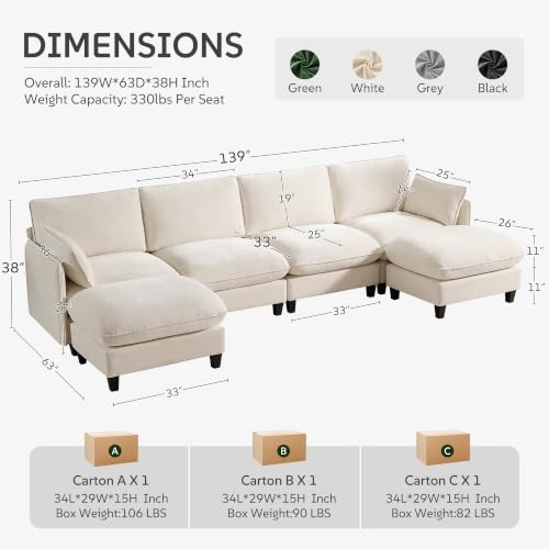 Ihanherry 139" U-Shaped Modular Sectional Couch, Oversized Cloud Sofa with Large Cushions & Movable Ottoman, Chenille Deep Seat Sectional for Living Room, Beige - color: Beige Cream, size: 139" 6 Seat U Sofa