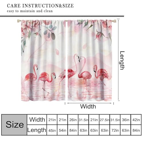 Flamingo Curtain, Rose Flower Green Leaves Watercolor Art Romantic Pink White Blush Window Drapes Treatments for Bedroom Living Room Kitchen 42" W X 45" L(No Blackout) - color: Flamingo-1, size: 20.5"W x 45"L (Pack of 2)