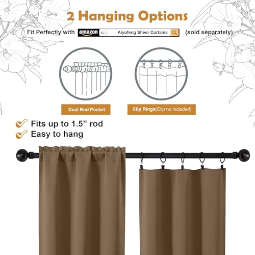 Aiyufeng Brown Short 36 Inches Blackout Curtain 2 Panels Set, Half Window Rod Pocket Privacy Curtain Tiers for Kitchen, Curtains Blackout for Bathroom Shades, W40 x L36 Inch, Brown - color: Brown, size: 40"W x 36"L (Pack of 2)
