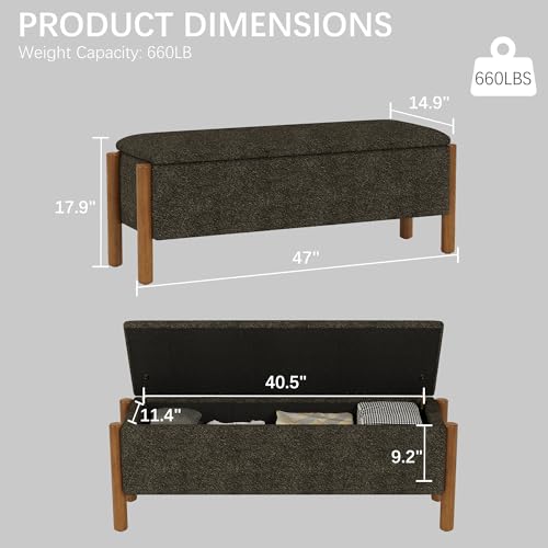 Modern Storage Benches with Walnut Wood Legs, 47'' Ottoman Bench with 20 Gallons Storage Space for Bedroom End of Bed, Fabric Upholstered Entryway Bench with Seating for Livingroom, Gray - color: Grey