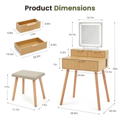 Small Vanity Desk with Lights Mirror, Compact Makeup Vanity Table with Stool, Fluted Wood Vanity with Power Outlet, 3 Color Adjustable LED, Large Drawers, Modern Dressing Table for Bedroom