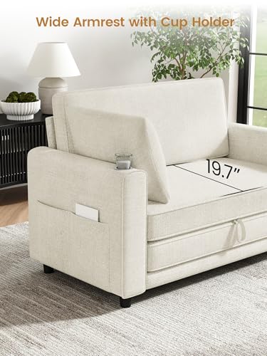 51" Loveseat Convertible Sofa Bed with Cup Holder, Small Couch 2 in 1 Pull Out Sleeper Couch, Floor Folding Couch Sofa with Two Pillows for Living Room, Apartment, Dorm (Beige) - color: Beige