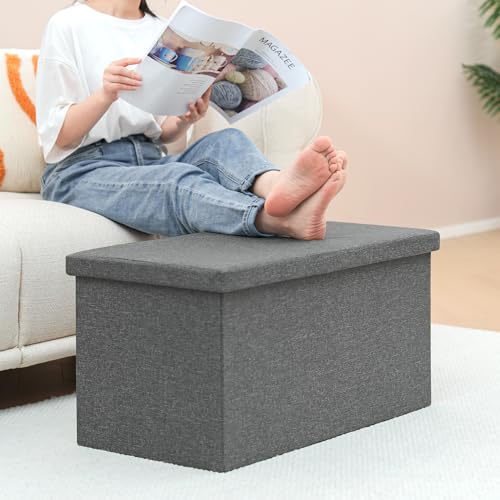 PINPLUS Folding Storage Ottoman Bench with Lid Tray, 30 inches Ottoman Coffee Table Grey Cube Chair Foot Rest Stool Storage Chest for Living Room Bedroom, Holds up to 550 lb - color: Grey