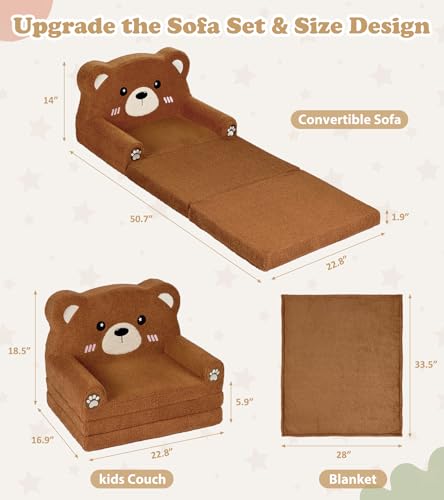 Foryoomi Kids Couch, 2-in-1 Soft Toddler Couch Fold Out with Blanket, Chair Comfy, Foldable Convertible Plush Sofa, Gifts for Kids Girl Boys, Bear - color: Bear