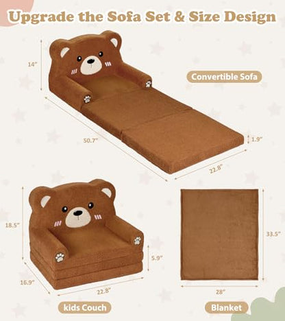 Foryoomi Kids Couch, 2-in-1 Soft Toddler Couch Fold Out with Blanket, Chair Comfy, Foldable Convertible Plush Sofa, Gifts for Kids Girl Boys, Bear - color: Bear