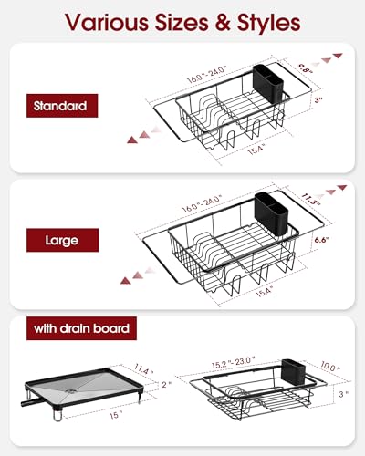 Sakugi Dish Drying Rack in Sink - Expandable Stainless Steel Dish Rack Over The Sink, Kitchen Sink Drain Strainer with Cutlery Holder & Cup Holders, 15.2 x 10.0 x 4.2 Inch, Black - color: Black, size: With Drainboard - 15.2" x 10" x 4.2"
