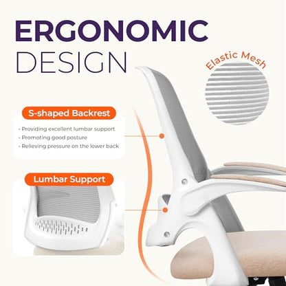 NEO CHAIR Office Desk Chair, Ergonomic Mesh with Flip-Up Armrests, Beige | Lumbar Support, Height Adjustment, 360° Swivel and Rolling Base, Space-Saving Design for Home Office, Vanity or Study - color: Beige