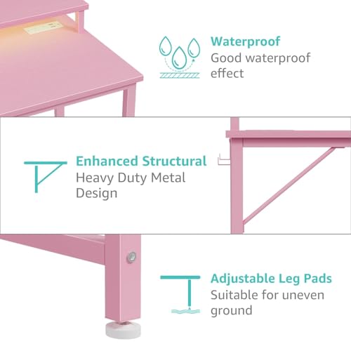 Lufeiya Girls Desk with Power Outlets and LED Lights, 40 Inch Gaming Desk Table with Charging Station, Home Office Computer Desks with Monitor, Pink - color: Pink, size: 39.4"