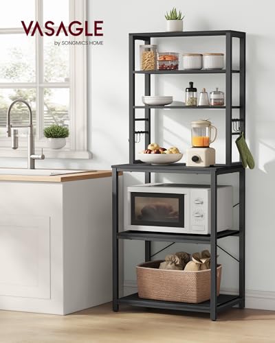 VASAGLE Coffee Bar, 23.6 Inches 6-Tier Baker's Rack with 6 Hooks | Industrial Microwave Stand, 15.8 x 23.6 x 65.8 Inches, Charcoal Gray and Ink Black, BARNET Collection UKKS024B22 - color: Charcoal Gray + Ink Black, size: 23.6"W, style: No Power Outlet