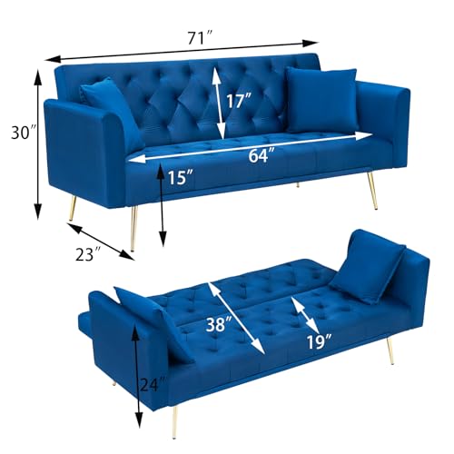 71" Modern Velvet Sofa Bed Futon, Convertible Sleeper Couch, Adj. Backrest | Tufted Recliner Loveseat Design with Golden Chrome Legs & 2 Pillows, Perfect for Small Spaces, Living Room, Apartment - color: Blue