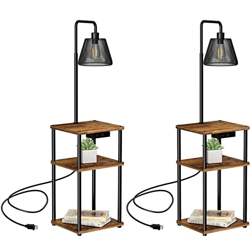 Floor Lamp with Table, Side Table with USB Charging Port and Outlet, Modern Bedside Nightstand End Table with Floor Light for Living Room, Bedroom, Guest Room, Bulb Included, 2 Pack - color: Amber-2 Pair