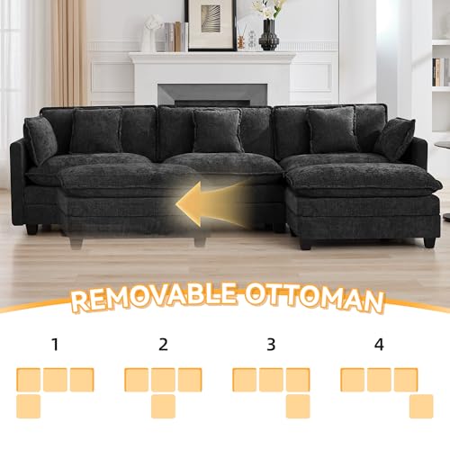 111'' Sectional Cloud Deep Seat Couch, Modern Comfy Chenille L Shaped Sectional Sofa for Living Room Set, Upholstered Modular 4-Seats Sofa Couch with 1 Movable Ottoman, Dark Grey - color: Dark Grey, size: 111'' L Shape