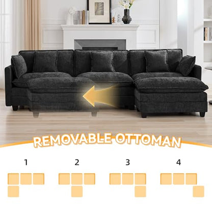 111'' Sectional Cloud Deep Seat Couch, Modern Comfy Chenille L Shaped Sectional Sofa for Living Room Set, Upholstered Modular 4-Seats Sofa Couch with 1 Movable Ottoman, Dark Grey - color: Dark Grey, size: 111'' L Shape