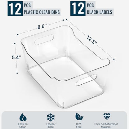 12 PACK Multi-Use Clear Plastic Storage Bins for Organizing w/ Labels - Home, Kitchen, Pantry, Bathroom, Office, Cabinet Shelf Organizer Bins - SOHO Collection, RV, Fridge Organization Containers -XL - size: XL Large