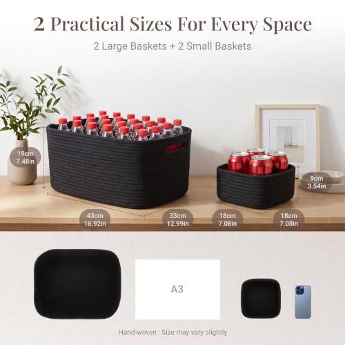 4-Pack Large Woven Rope Storage Baskets, 2 Sizes Organizer Bins | Fabric Cube Boxes and Rectangular Shallow Bins for Closet, Shelf, Bookshelf, Nursery, Changing Table, Bathroom, Toys & Home - color: black, size: 2pcs-16.92*12.99*7.08'' & 2pcs-7.08*7.08*3.