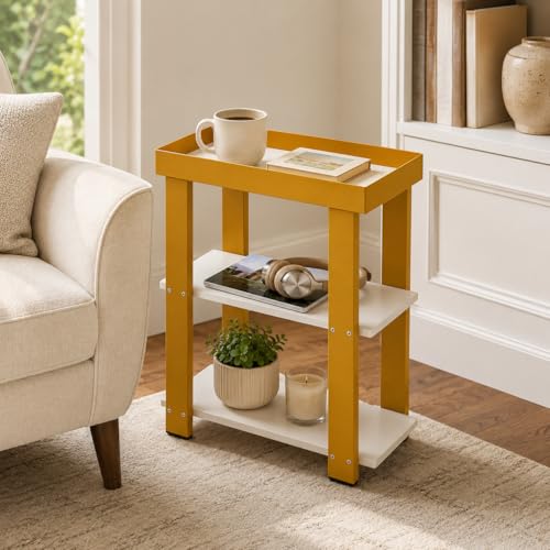 3-Tier Narrow Side Table with Tray Top, Slim Side Table, White&Gold | Modern Skinny End Table with Storage, Thin Nightstand Bedside Table for Small Spaces, Living Room, Bedroom or Bathroom - color: White + Gold