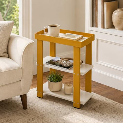 3-Tier Narrow Side Table with Tray Top, Slim Side Table, White&Gold | Modern Skinny End Table with Storage, Thin Nightstand Bedside Table for Small Spaces, Living Room, Bedroom or Bathroom - color: White + Gold