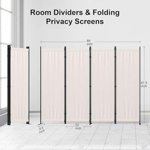 Room Divider 4 Panel Folding Privacy Screen w/ 3 Wide Feet | 6FT Dressing Screen 88"W Room Partition Portable Wall Divider for Room Separation Office Bedroom Apartment Kid's Room，White - color: White, size: 4 Panel Basic